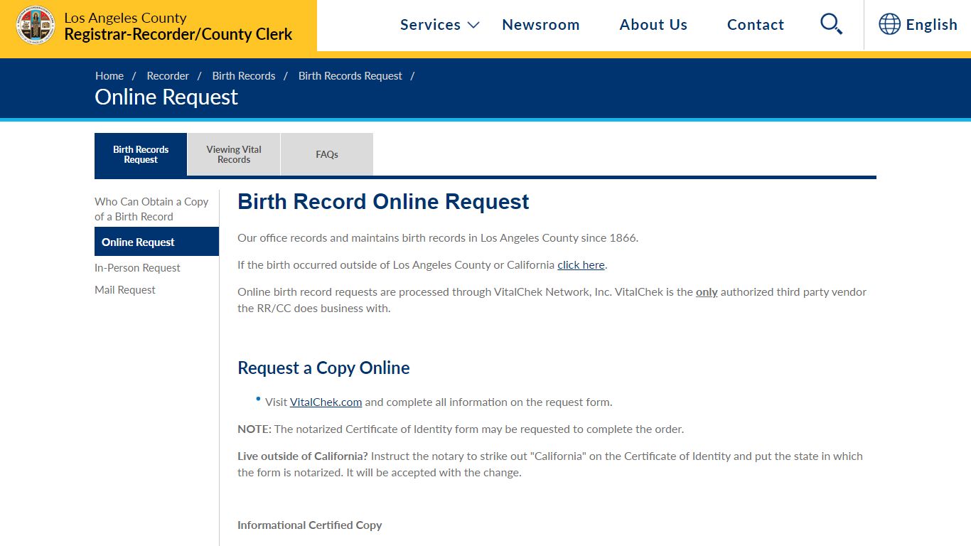 Birth Record Online Request - Los Angeles County Registrar ...